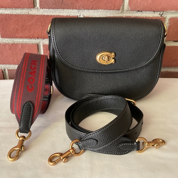 Coach Willow Saddle Crossbody Shoulder Bag Black Pebble Leather 2 Straps NEW - Picture 1 of 16